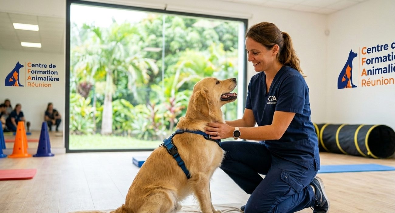 Formatrice CFA Réunion avec un chien lors d'un atelier pratique
