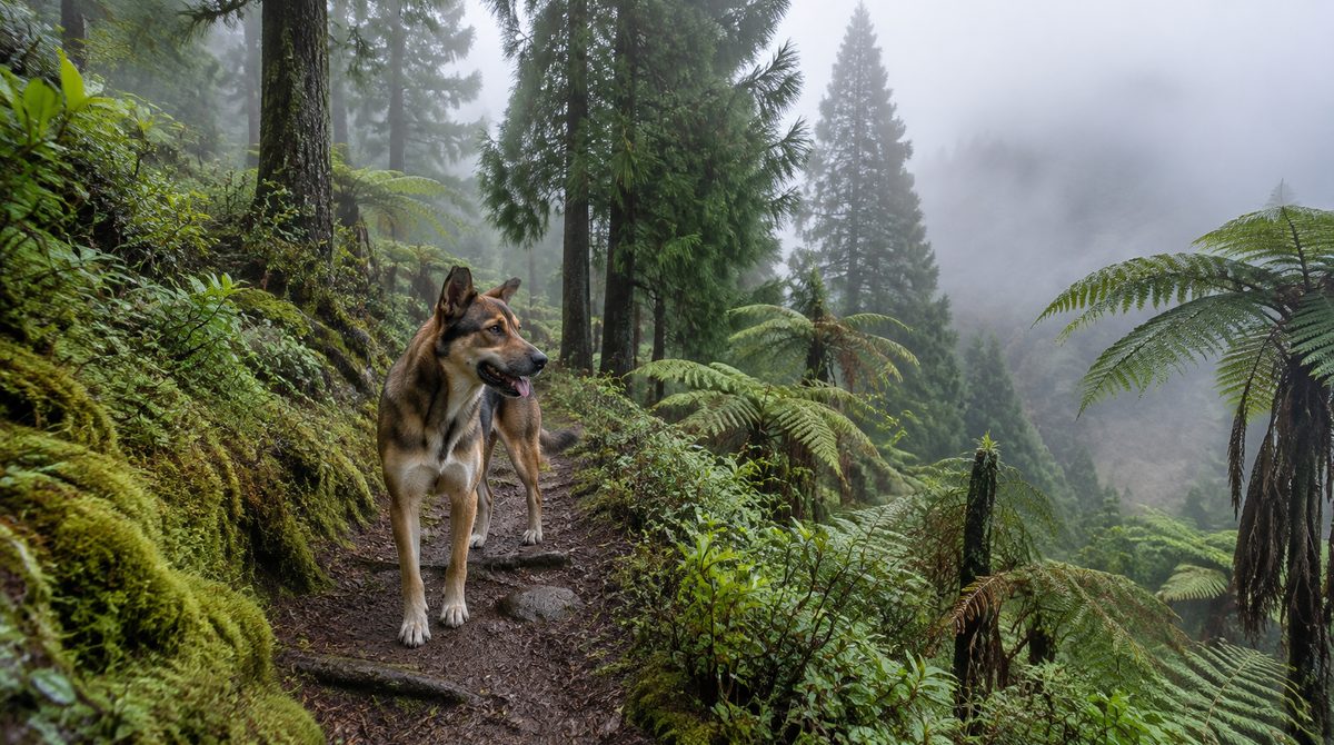 Chien sur un sentier de montagne dans une forêt de cryptomérias et de fougères, dans la brume