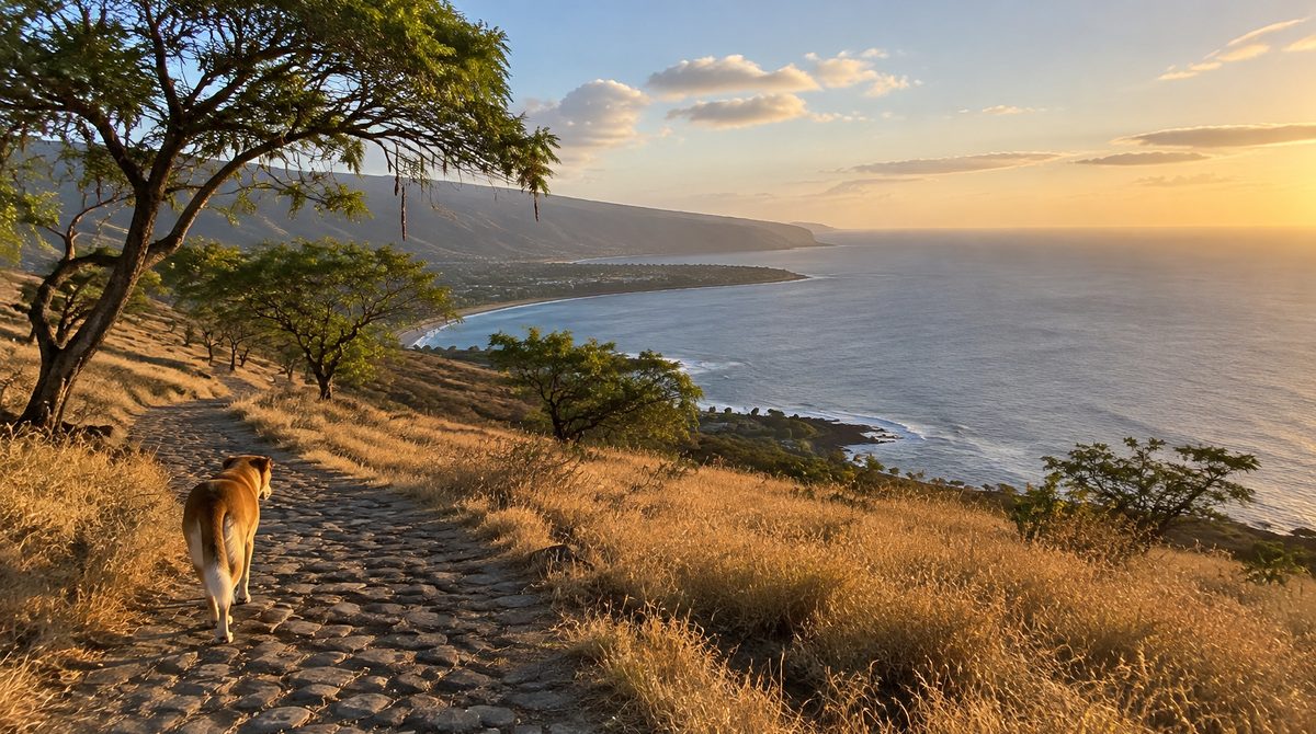 Chien sur un chemin pavé dans la savane, vue sur une grande baie de la côte ouest