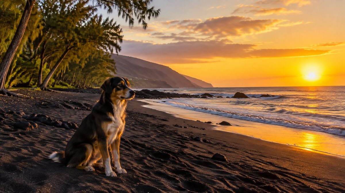 Chien assis sur une plage de sable noir au coucher du soleil, filaos en arrière-plan