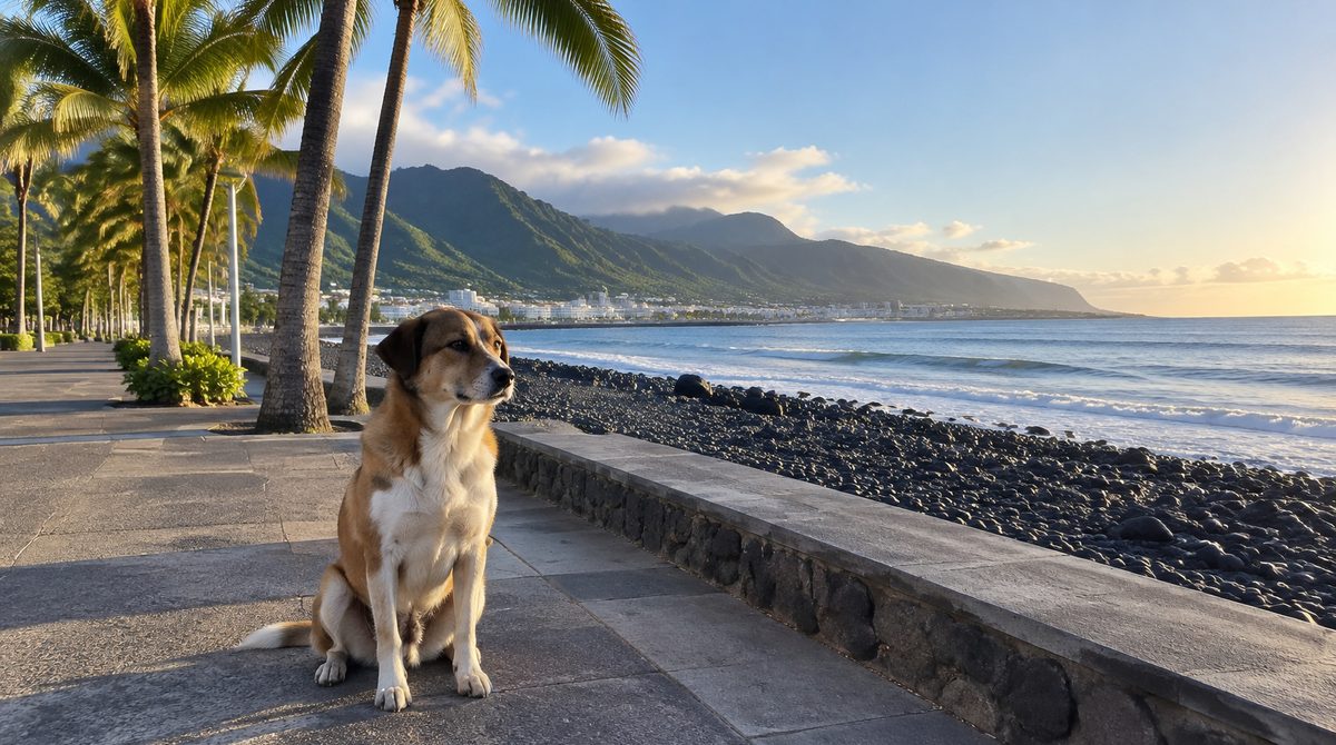 Chien assis sur un front de mer bordé de palmiers à Saint-Denis, galets et océan derrière