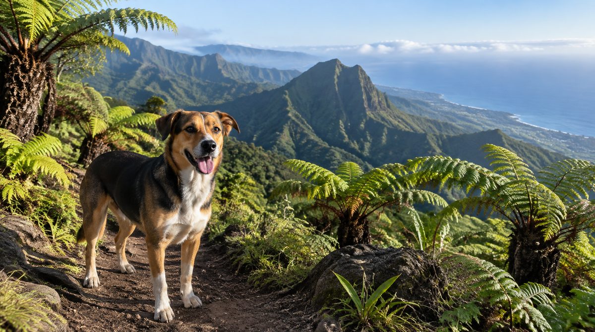 Chien sur un sentier bordé de fougères arborescentes, montagnes et océan en arrière-plan