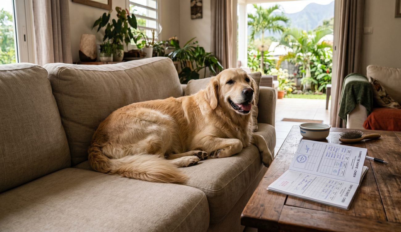 Chien installé confortablement chez son pet-sitter, carnet de santé à jour sur la table