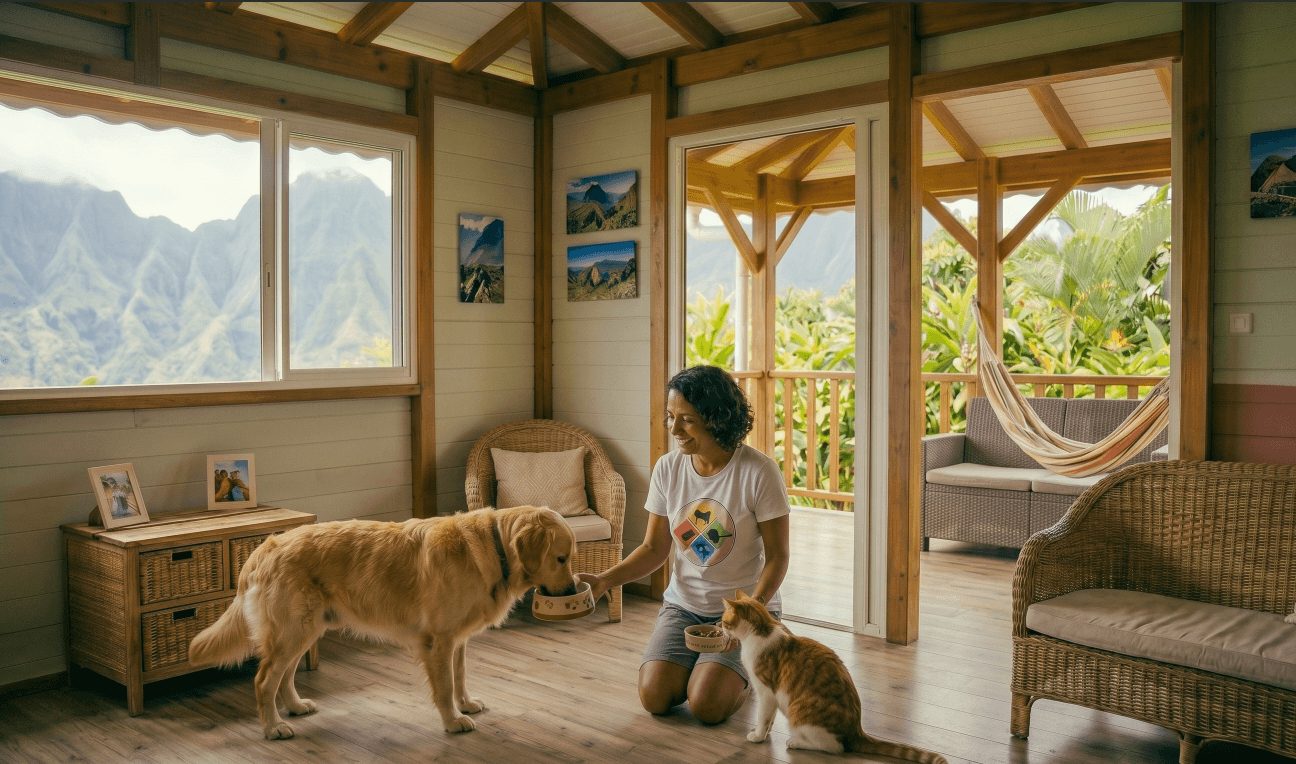 Pet-sitter s'occupant d'un chat en pension familiale chez un particulier à La Réunion