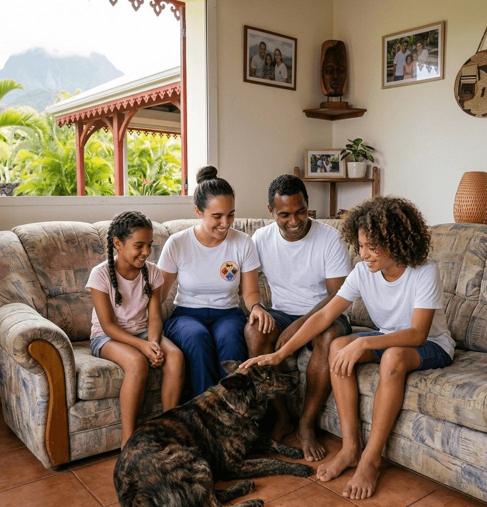 Famille réunionnaise avec ses animaux, servie par Pets Service 974