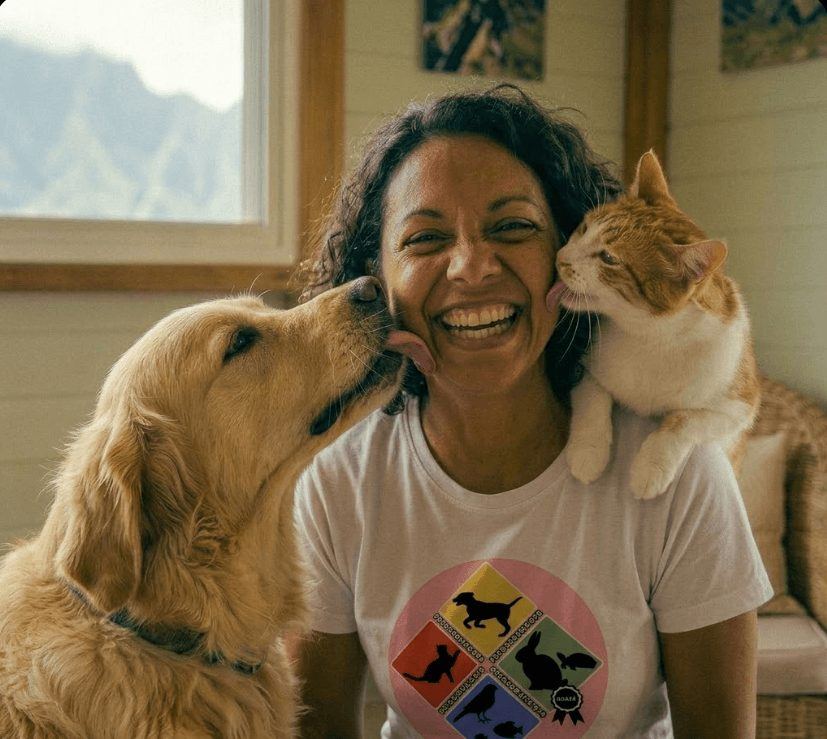 Chien et chat heureux avec leur pet-sitter Pets Service 974 dans le secteur Est