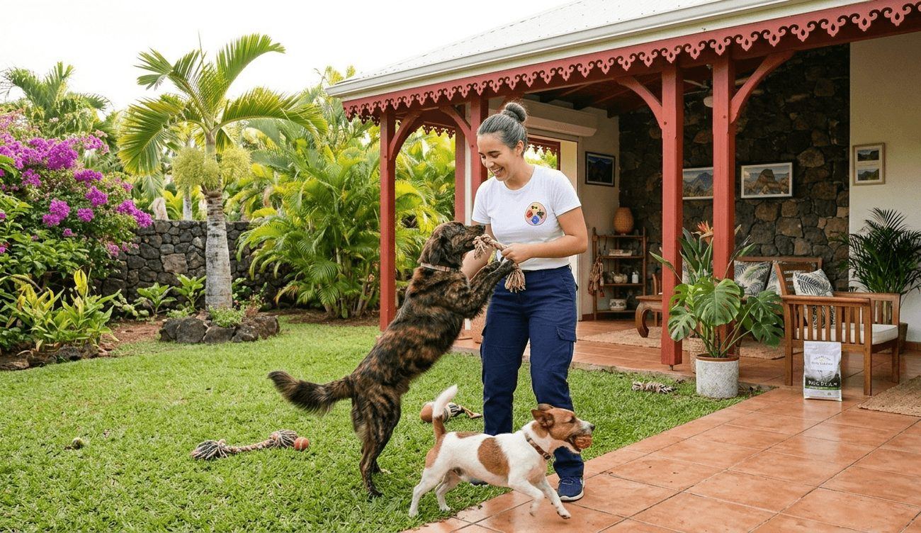 Pet-sitter jouant avec deux chiens au domicile du client, La Réunion