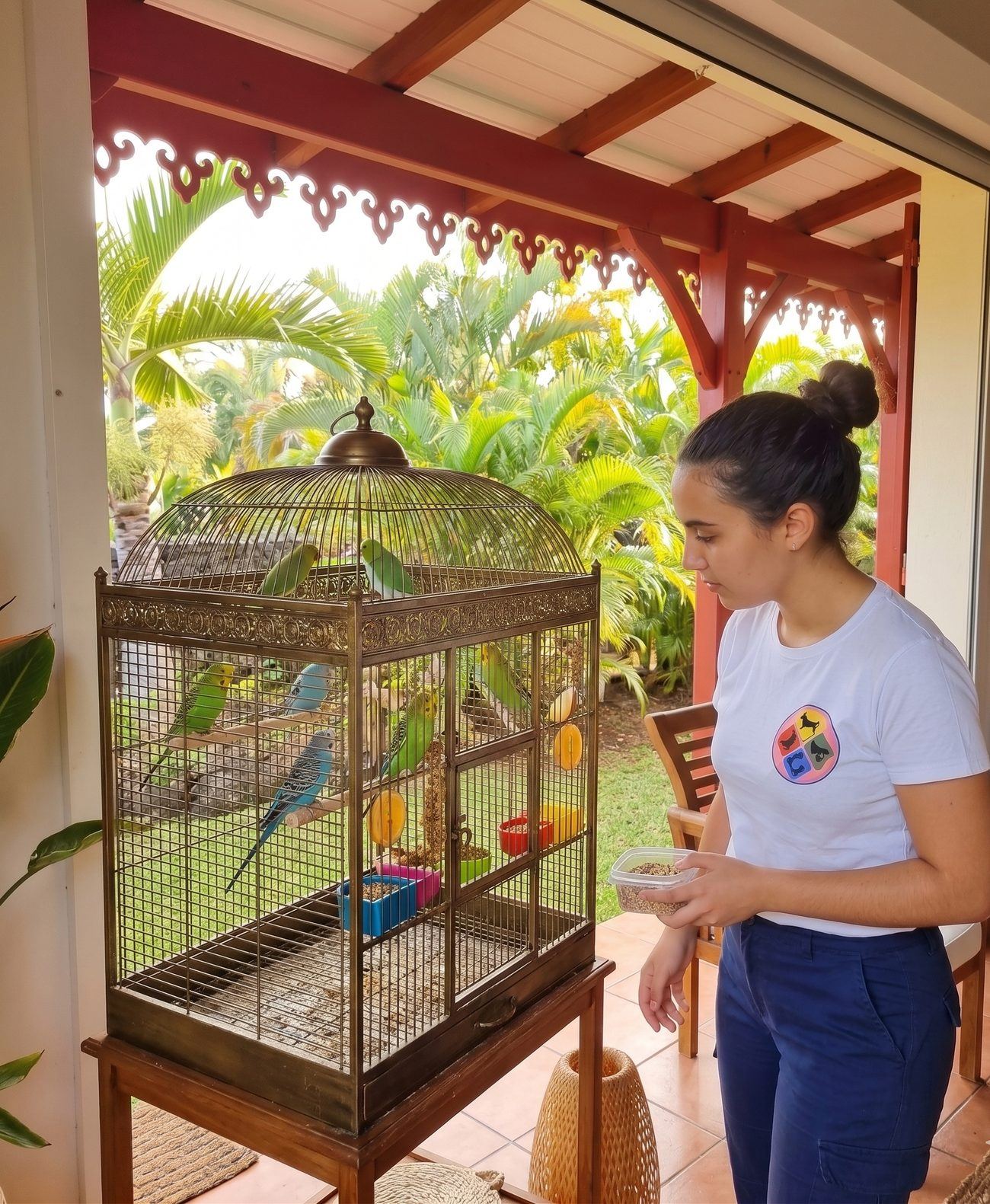 Pet-sitter s'occupant d'une volière d'oiseaux à La Réunion