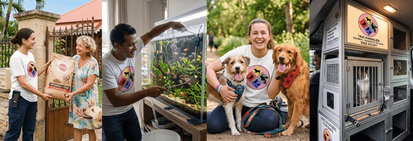 Livraison de croquettes, entretien aquarium, promenade et taxi animalier — services Pets Service 974 à La Réunion